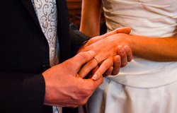Bride and groom exchanging wedding rings
